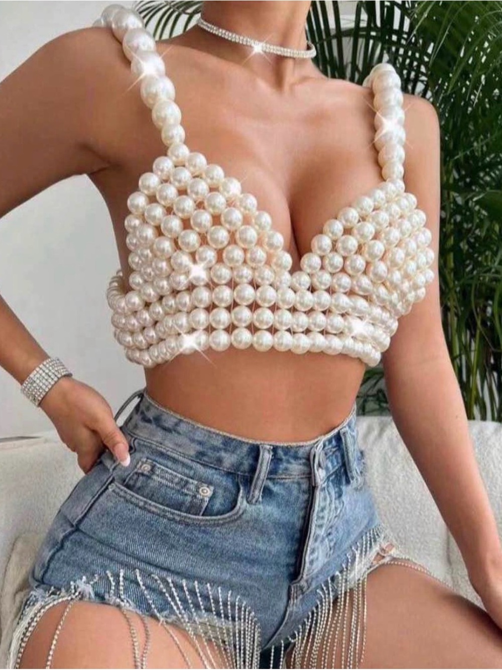 Pearl Beaded Crop Top - White